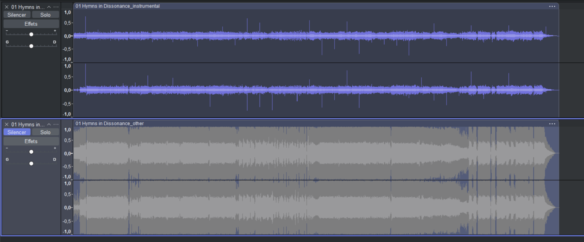 Waveform and spectrogram views of a separation with smeared, noisy energy across the spectrum