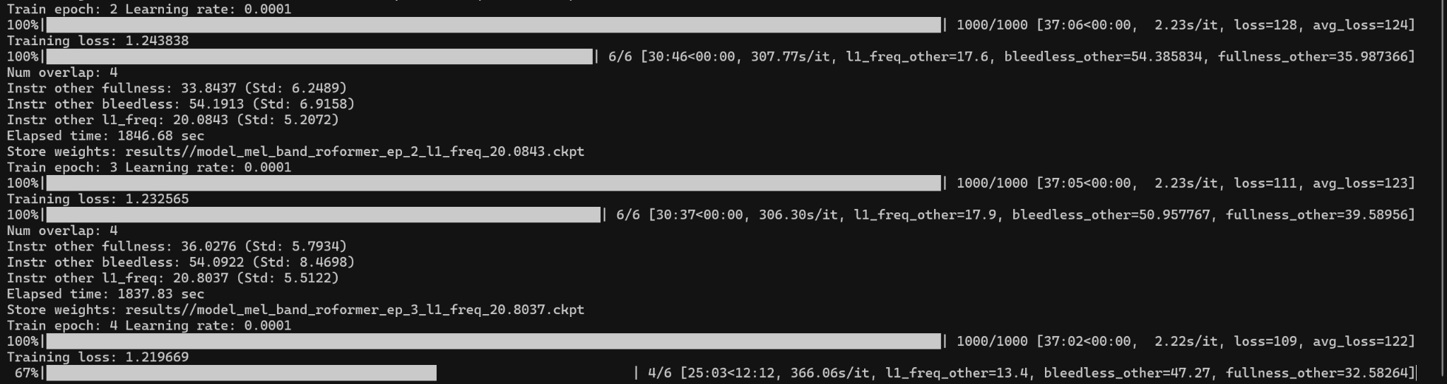Console log showing train epoch, learning rate, training loss, number of overlaps, per-epoch instrumental metrics, elapsed time and stored weights