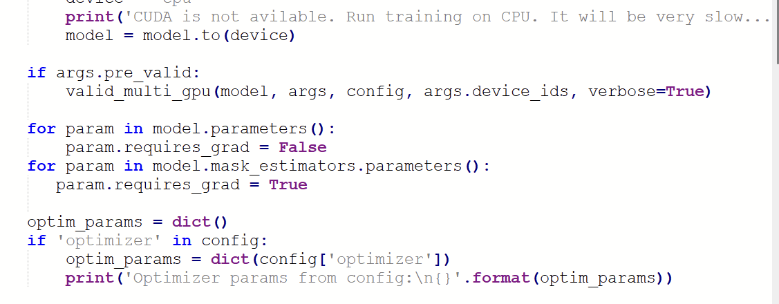 Code view showing the frozen parameters loop placed above the optimiser parameter dictionary in train.py